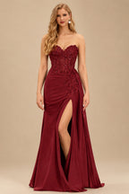Rutipo Burgundy Sparkly Strapless Floral Corset Ruching Slit Prom Dress with Side Draping