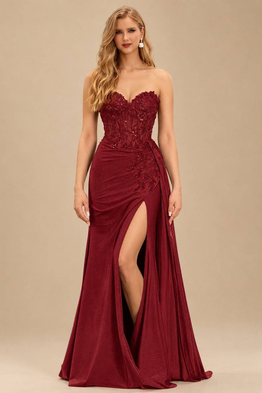 Rutipo Burgundy Sparkly Strapless Floral Corset Ruching Slit Prom Dress with Side Draping