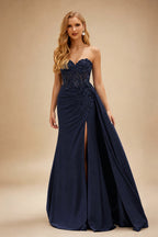 Rutipo Dark Navy Sparkly Strapless Floral Corset Ruching Slit Prom Dress with Side Draping