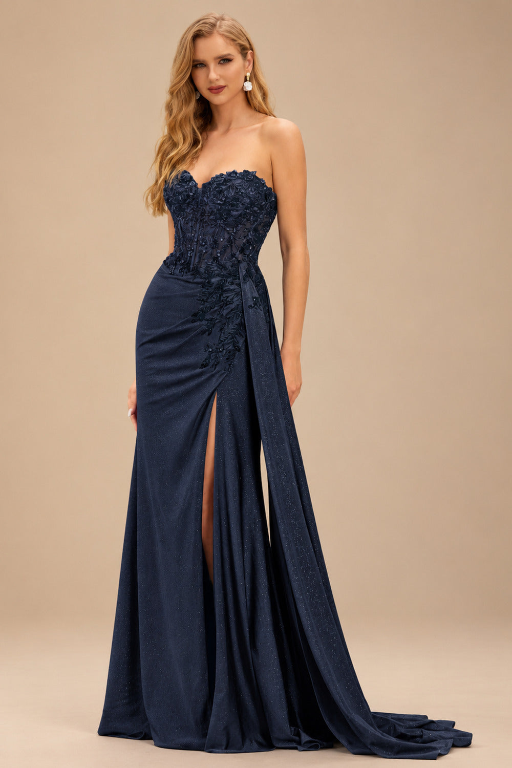 Rutipo Dark Navy Sparkly Strapless Floral Corset Ruching Slit Prom Dress with Side Draping