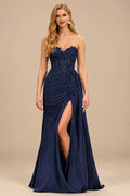 Rutipo Dark Navy Sparkly Strapless Floral Corset Ruching Slit Prom Dress with Side Draping