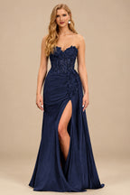 Rutipo Dark Navy Sparkly Strapless Floral Corset Ruching Slit Prom Dress with Side Draping