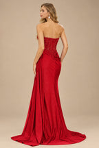 Rutipo Red Sparkly Strapless Floral Corset Ruching Slit Prom Dress with Side Draping