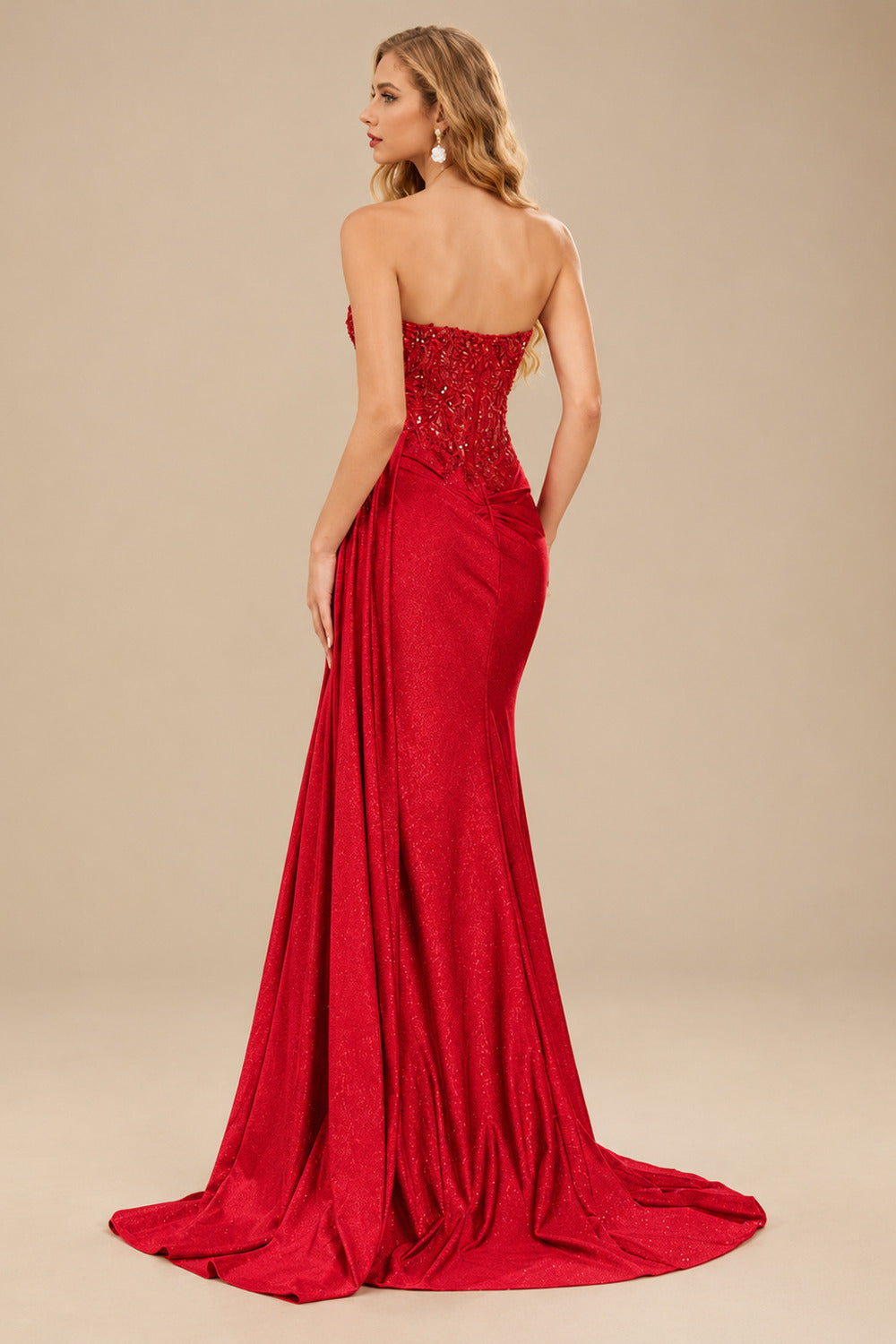 Rutipo Red Sparkly Strapless Floral Corset Ruching Slit Prom Dress with Side Draping