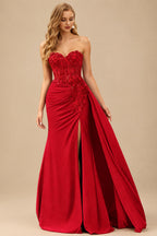Rutipo Red Sparkly Strapless Floral Corset Ruching Slit Prom Dress with Side Draping