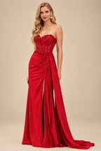 Rutipo Red Sparkly Strapless Floral Corset Ruching Slit Prom Dress with Side Draping