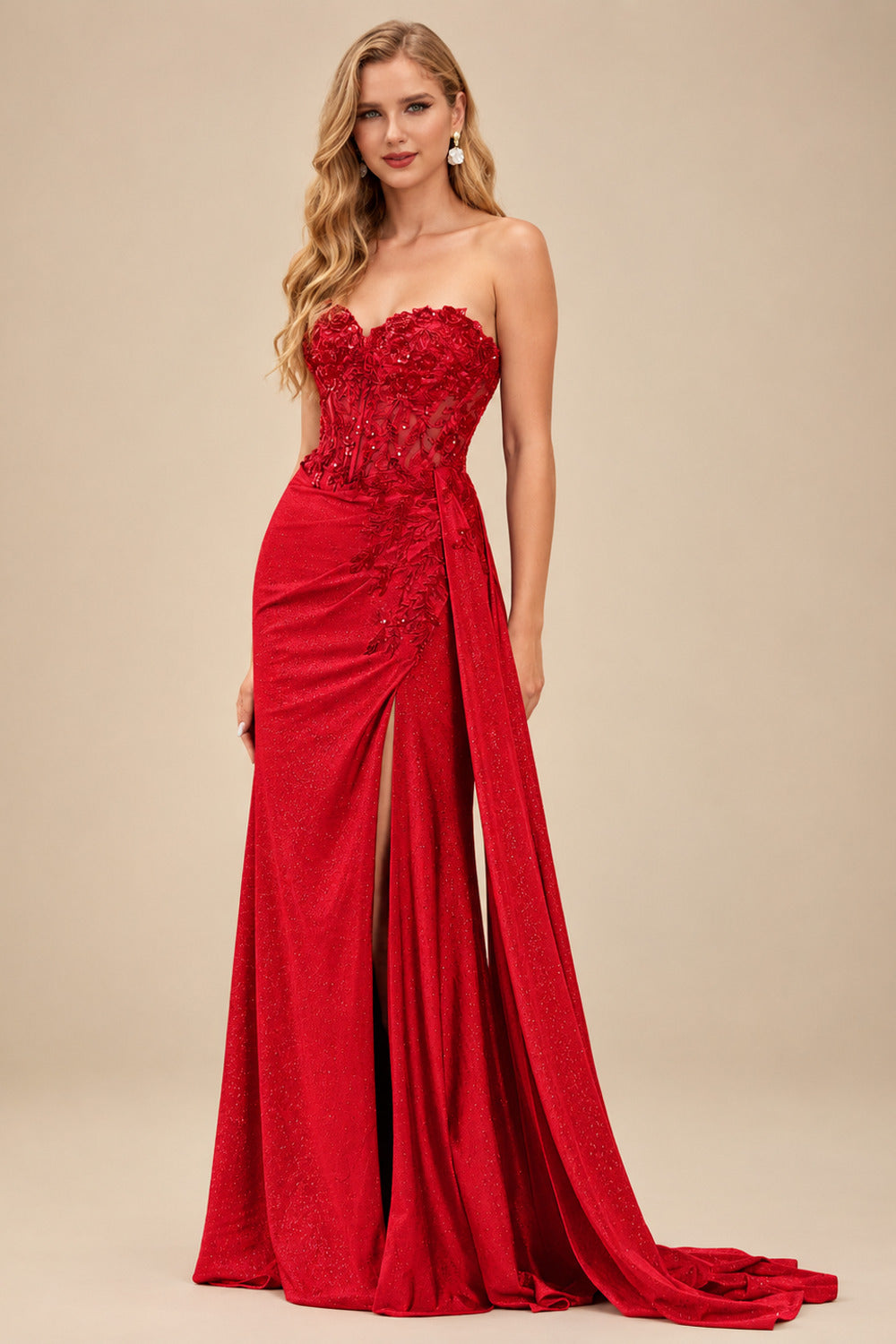 Rutipo Red Sparkly Strapless Floral Corset Ruching Slit Prom Dress with Side Draping