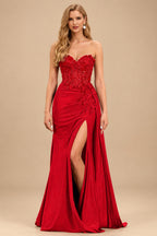 Rutipo Red Sparkly Strapless Floral Corset Ruching Slit Prom Dress with Side Draping