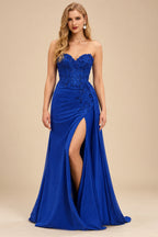 Rutipo Royal Blue Sparkly Strapless Floral Corset Ruching Slit Prom Dress with Side Draping