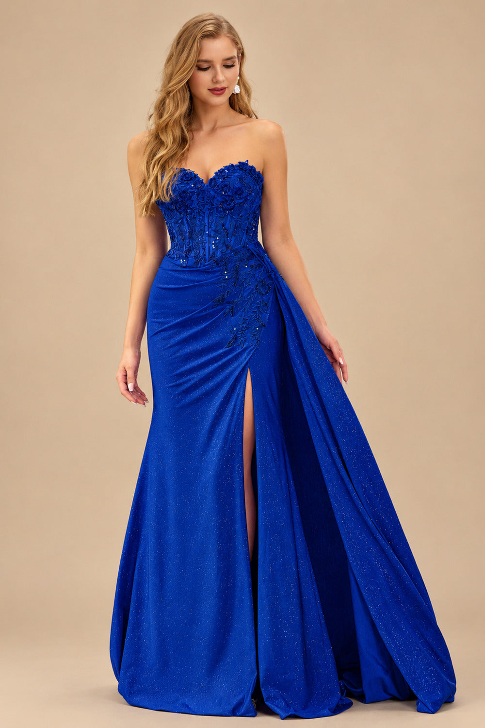 Rutipo Royal Blue Sparkly Strapless Floral Corset Ruching Slit Prom Dress with Side Draping
