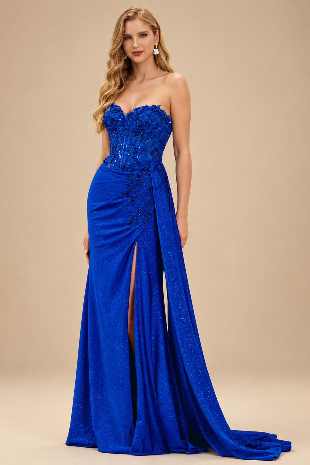 Rutipo Royal Blue Sparkly Strapless Floral Corset Ruching Slit Prom Dress with Side Draping
