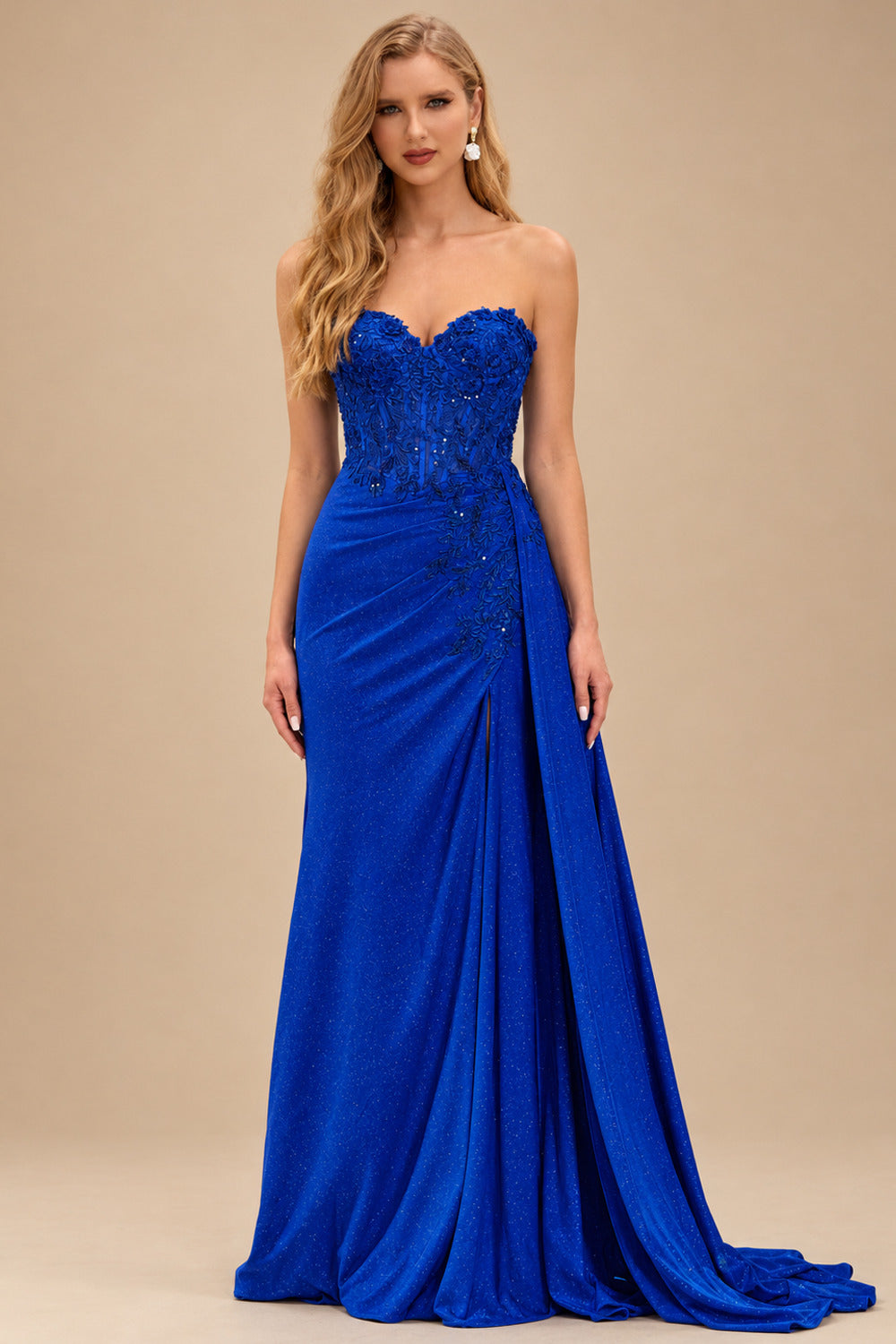 Rutipo Royal Blue Sparkly Strapless Floral Corset Ruching Slit Prom Dress with Side Draping