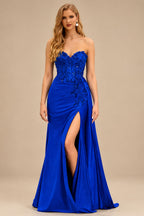 Rutipo Royal Blue Sparkly Strapless Floral Corset Ruching Slit Prom Dress with Side Draping