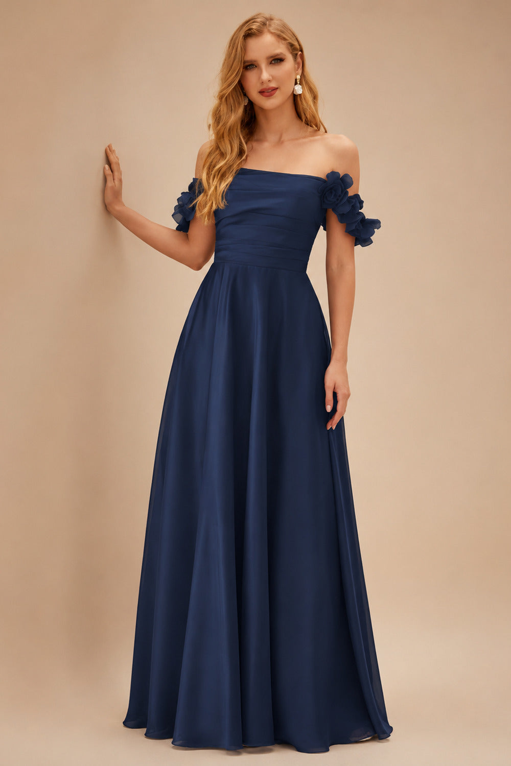 Rutipo Dark Navy A-line 3D Floral Straps Off-the-Shoulder Prom Dress with Pockets