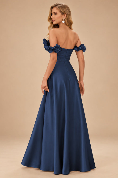 Rutipo Dark Navy A-line 3D Floral Straps Off-the-Shoulder Prom Dress with Pockets