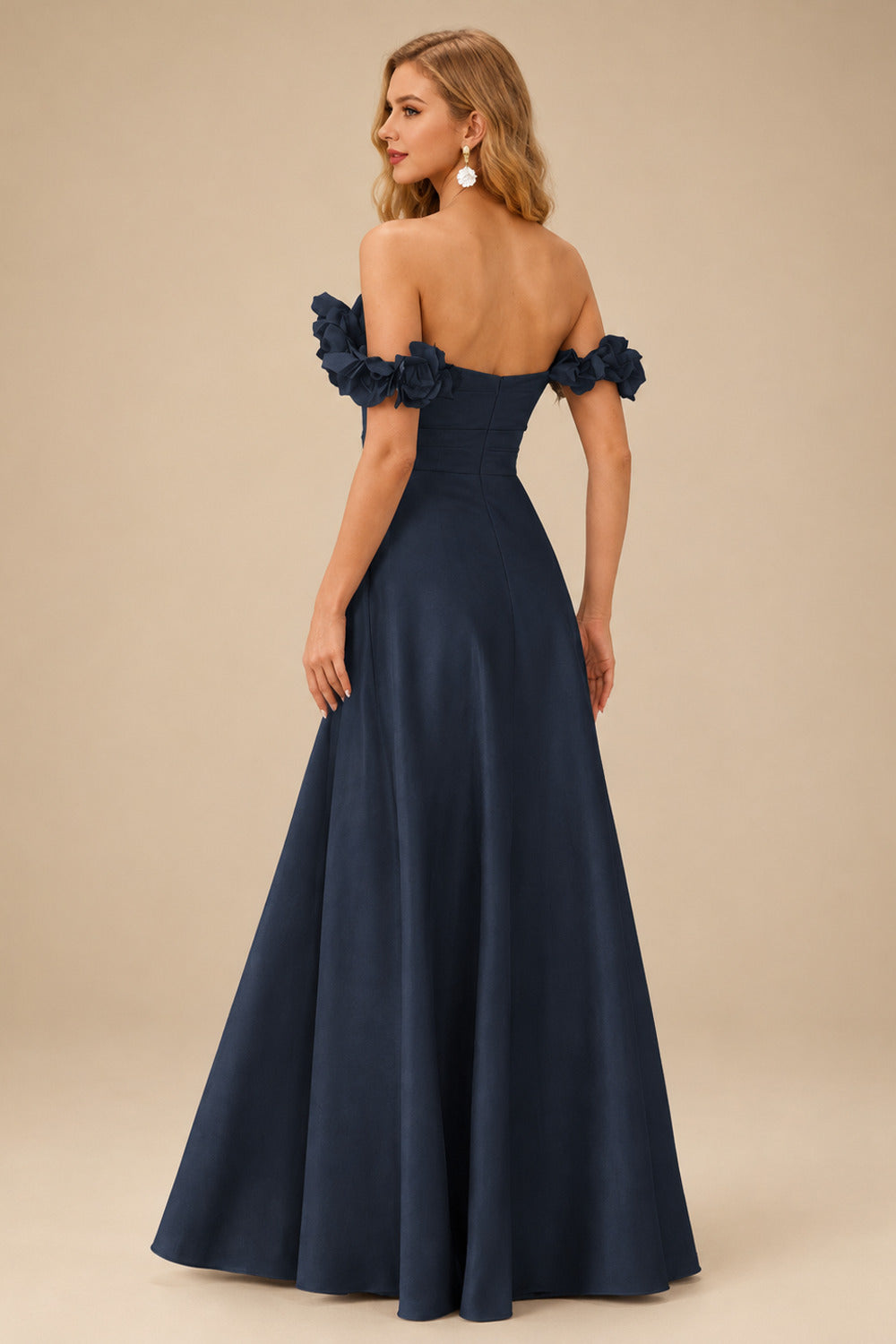 Rutipo Dark Navy A-line 3D Floral Straps Off-the-Shoulder Prom Dress with Pockets