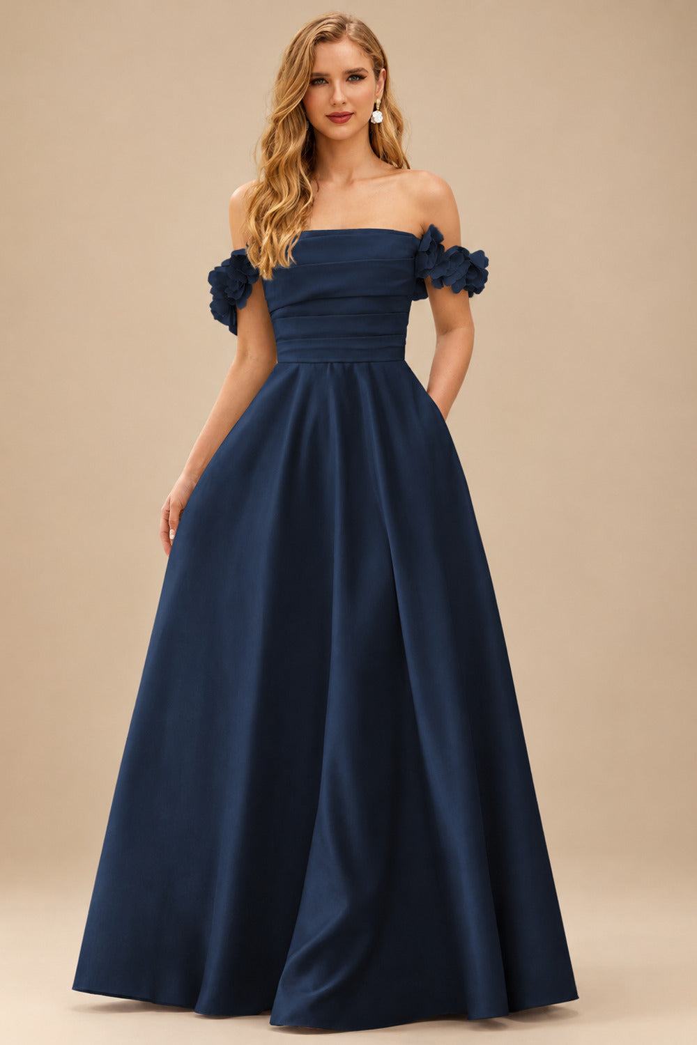 Rutipo Dark Navy A-line 3D Floral Straps Off-the-Shoulder Prom Dress with Pockets