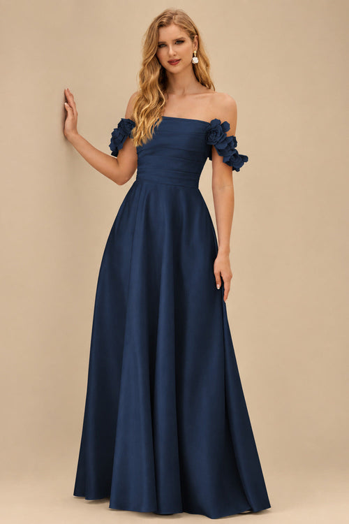 Rutipo Dark Navy A-line 3D Floral Straps Off-the-Shoulder Prom Dress with Pockets