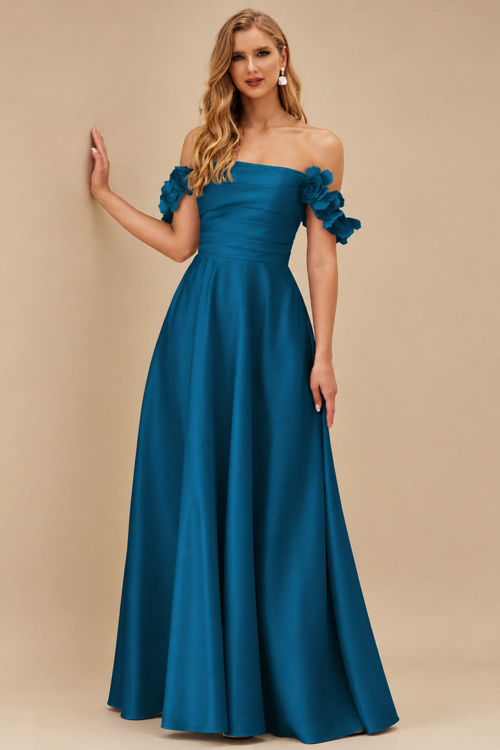 Rutipo Ink Blue A-line 3D Floral Straps Off-the-Shoulder Prom Dress with Pockets