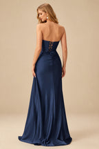 Rutipo Dark Navy Fitted Strapless Ruched Corset Prom Dress with Side Drape Slit