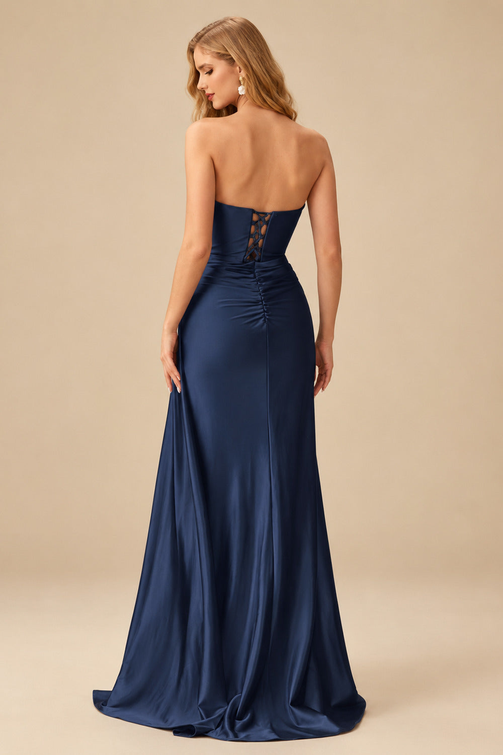 Rutipo Dark Navy Fitted Strapless Ruched Corset Prom Dress with Side Drape Slit