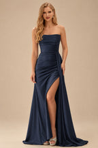 Rutipo Dark Navy Fitted Strapless Ruched Corset Prom Dress with Side Drape Slit