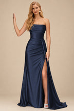 Rutipo Dark Navy Fitted Strapless Ruched Corset Prom Dress with Side Drape Slit