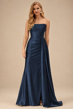 Rutipo Dark Navy Fitted Strapless Ruched Corset Prom Dress with Side Drape Slit