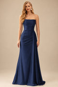 Rutipo Dark Navy Fitted Strapless Ruched Corset Prom Dress with Side Drape Slit