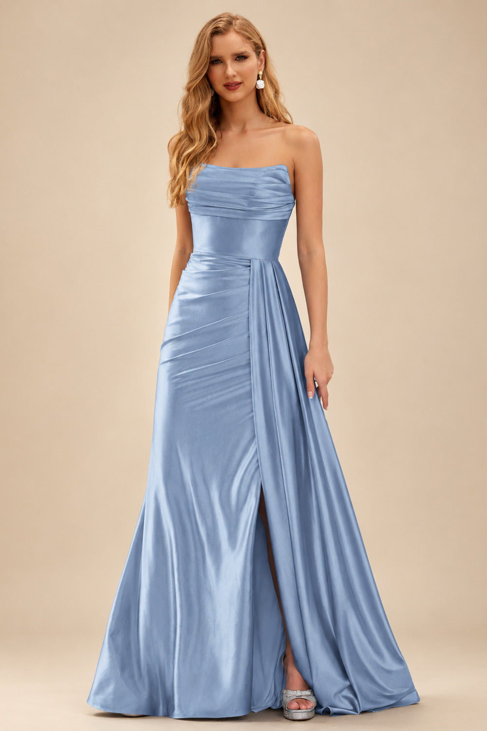 Rutipo Dusty Blue Fitted Strapless Ruched Corset Prom Dress with Side Drape Slit