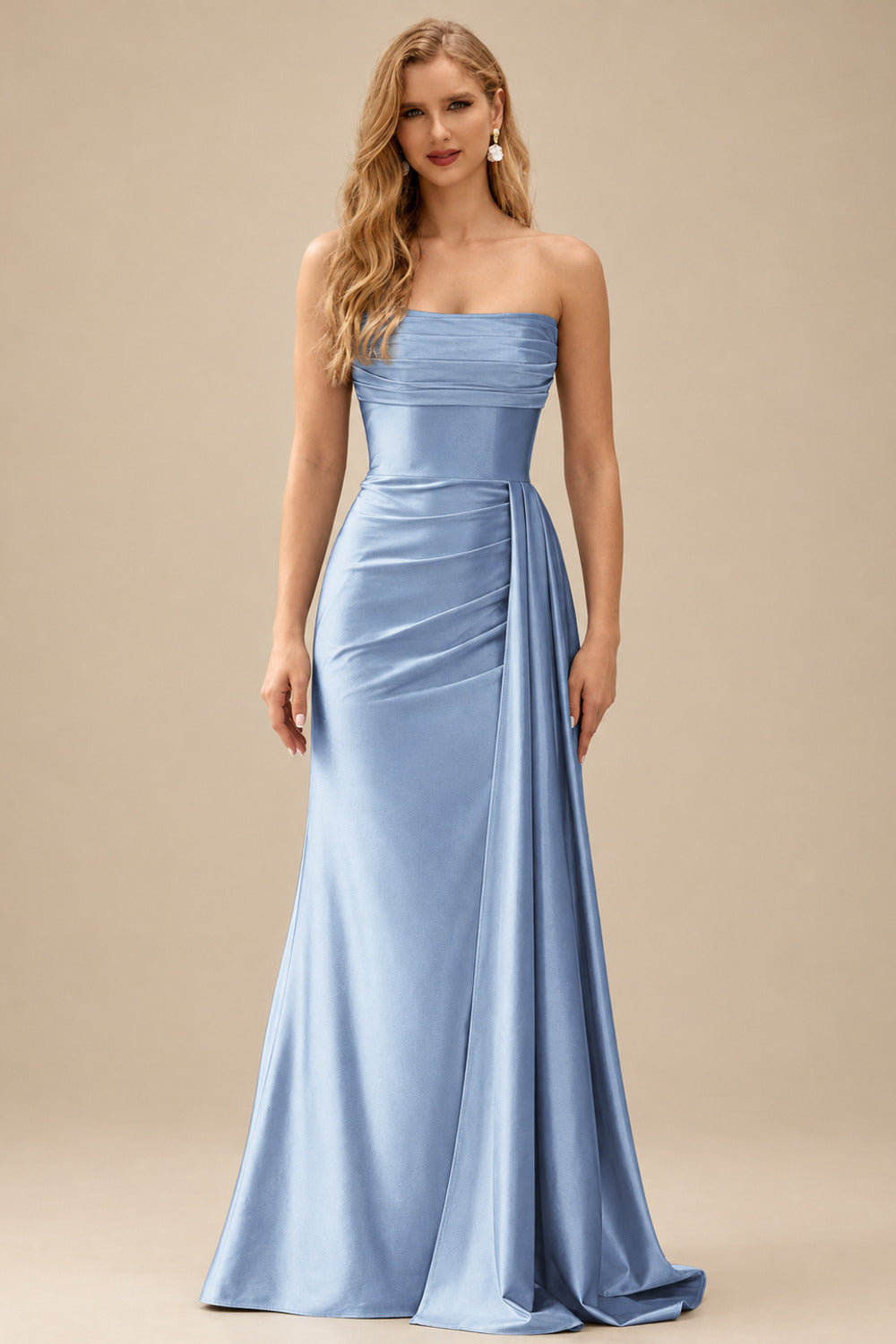Rutipo Dusty Blue Fitted Strapless Ruched Corset Prom Dress with Side Drape Slit