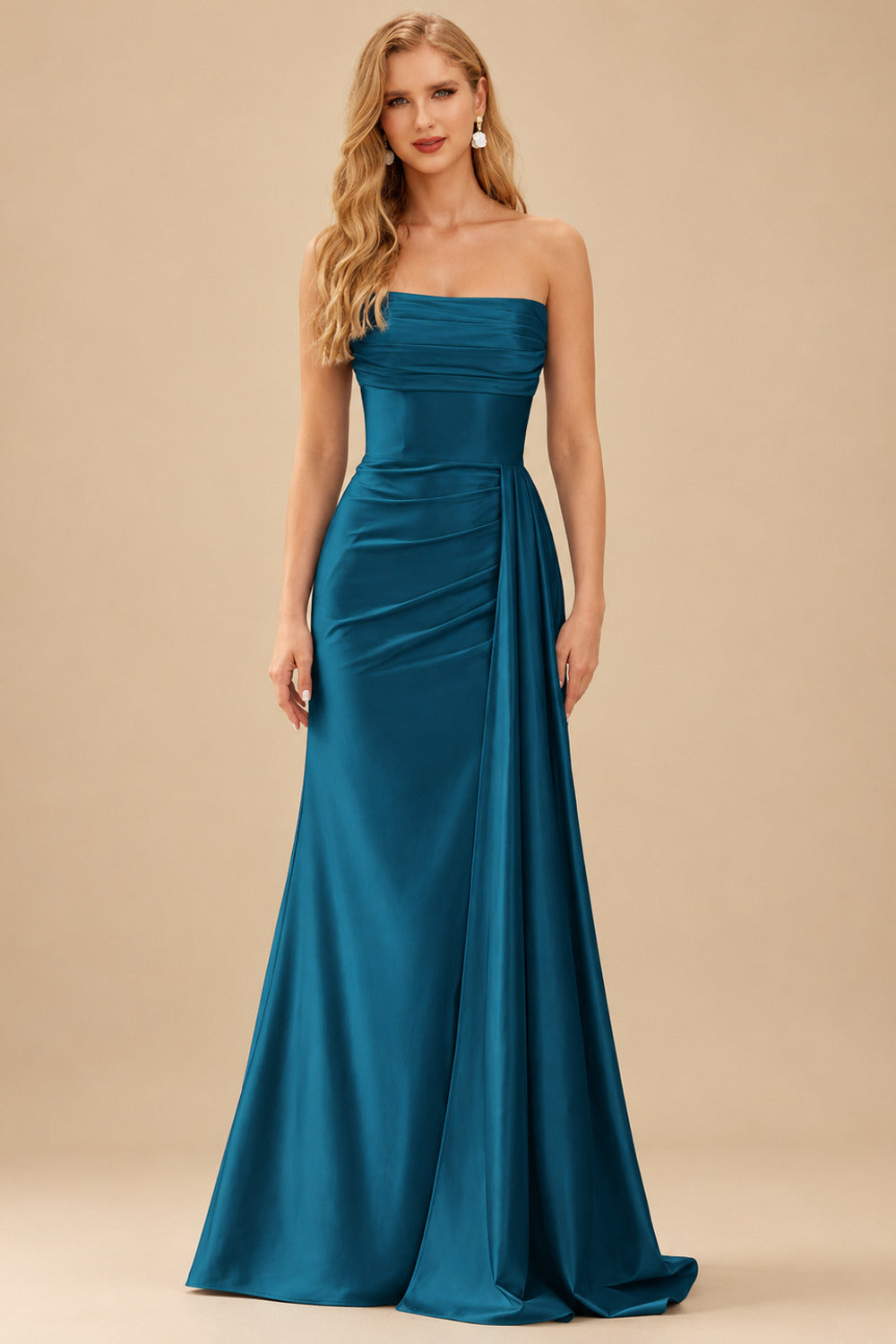 Rutipo Ink Blue Fitted Strapless Ruched Corset Prom Dress with Side Drape Slit