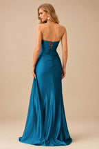 Rutipo Ink Blue Fitted Strapless Ruched Corset Prom Dress with Side Drape Slit