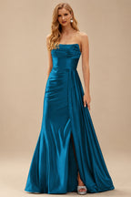 Rutipo Ink Blue Fitted Strapless Ruched Corset Prom Dress with Side Drape Slit