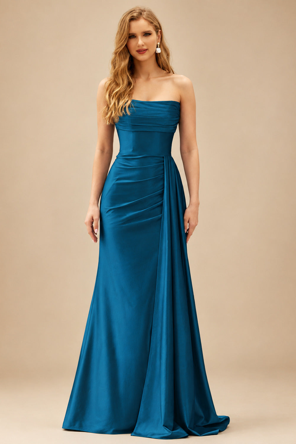 Rutipo Ink Blue Fitted Strapless Ruched Corset Prom Dress with Side Drape Slit