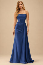 Rutipo Navy Blue Fitted Strapless Ruched Corset Prom Dress with Side Drape Slit