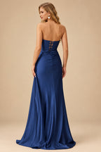 Rutipo Navy Blue Fitted Strapless Ruched Corset Prom Dress with Side Drape Slit