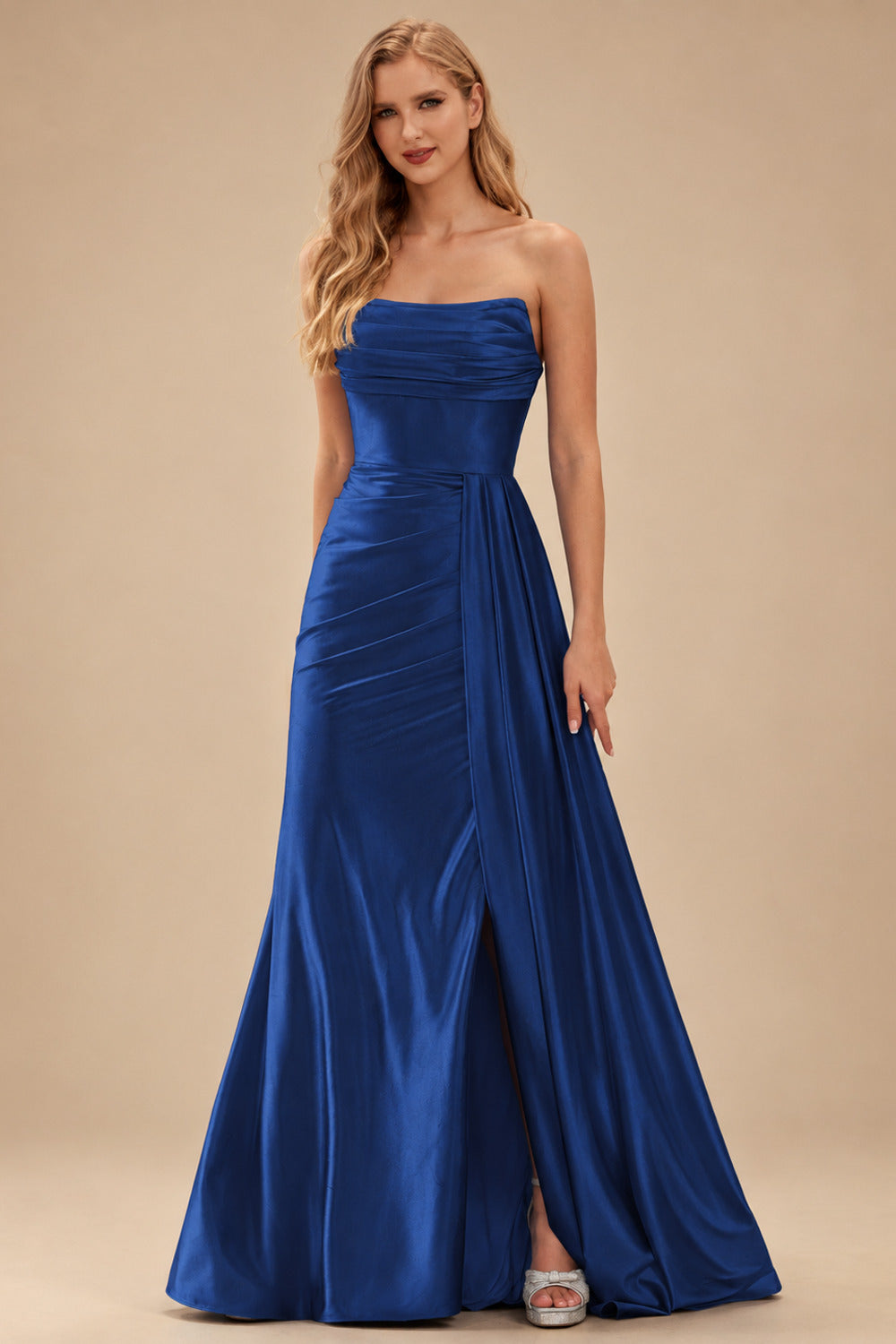 Rutipo Navy Blue Fitted Strapless Ruched Corset Prom Dress with Side Drape Slit
