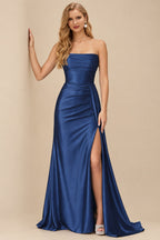 Rutipo Navy Blue Fitted Strapless Ruched Corset Prom Dress with Side Drape Slit