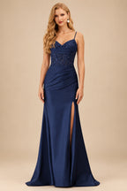 Rutipo Dark Navy Mermaid Cowl V Neck Beaded Corset Prom Dress with Spaghetti Straps Slit