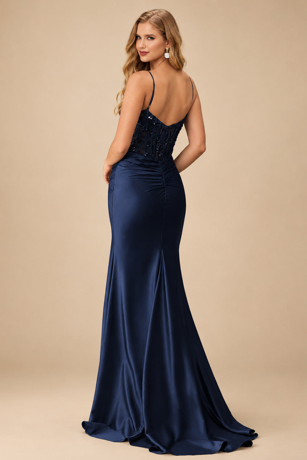 Rutipo Dark Navy Mermaid Cowl V Neck Beaded Corset Prom Dress with Spaghetti Straps Slit