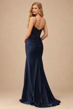 Rutipo Dark Navy Mermaid Cowl V Neck Beaded Corset Prom Dress with Spaghetti Straps Slit