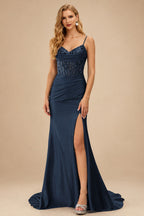 Rutipo Dark Navy Mermaid Cowl V Neck Beaded Corset Prom Dress with Spaghetti Straps Slit
