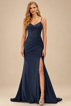 Rutipo Dark Navy Mermaid Cowl V Neck Beaded Corset Prom Dress with Spaghetti Straps Slit