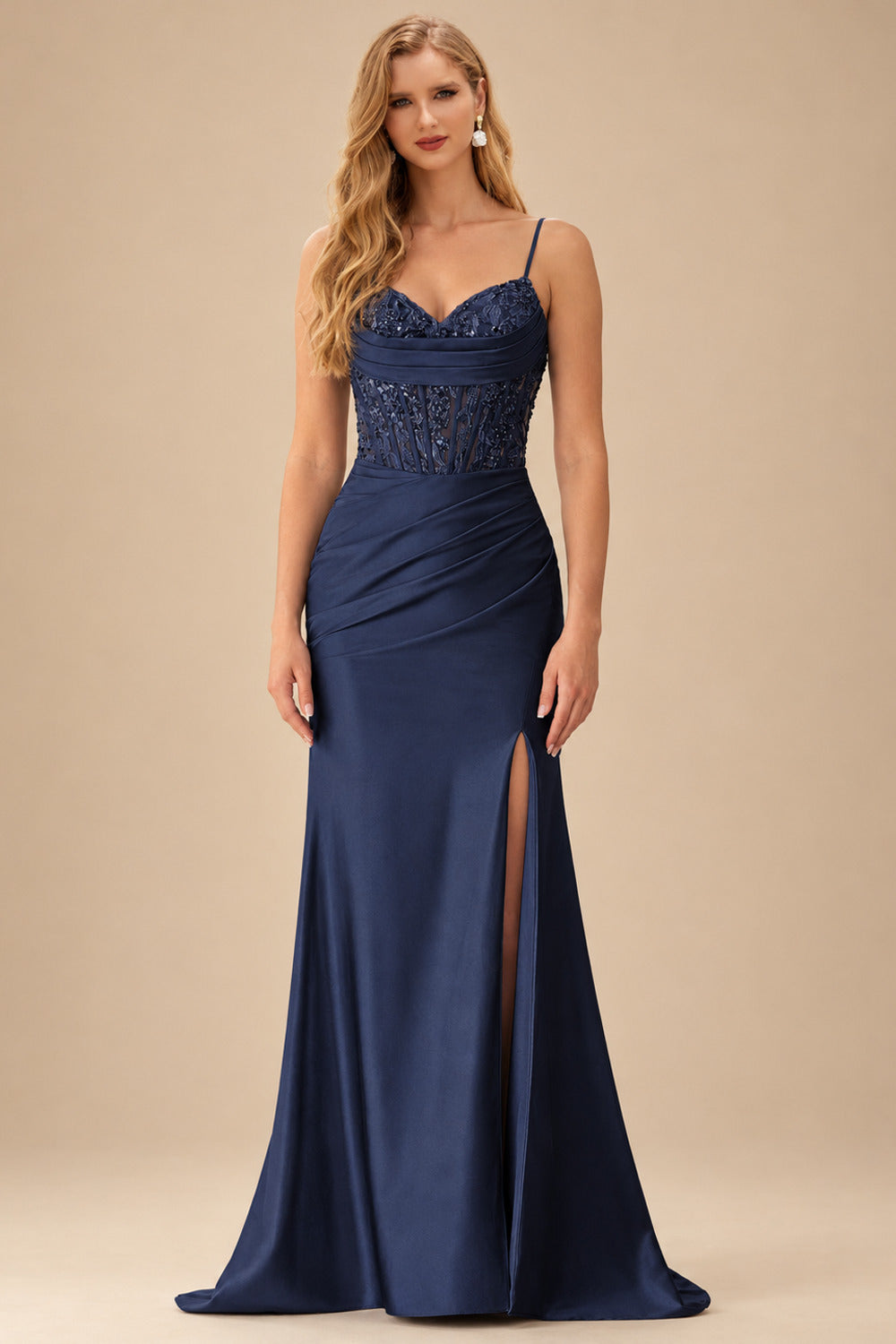 Rutipo Dark Navy Mermaid Cowl V Neck Beaded Corset Prom Dress with Spaghetti Straps Slit