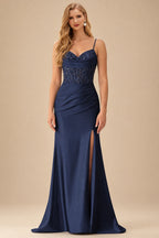 Rutipo Dark Navy Mermaid Cowl V Neck Beaded Corset Prom Dress with Spaghetti Straps Slit