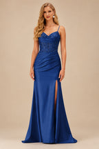 Rutipo Navy Blue Mermaid Cowl V Neck Beaded Corset Prom Dress with Spaghetti Straps Slit