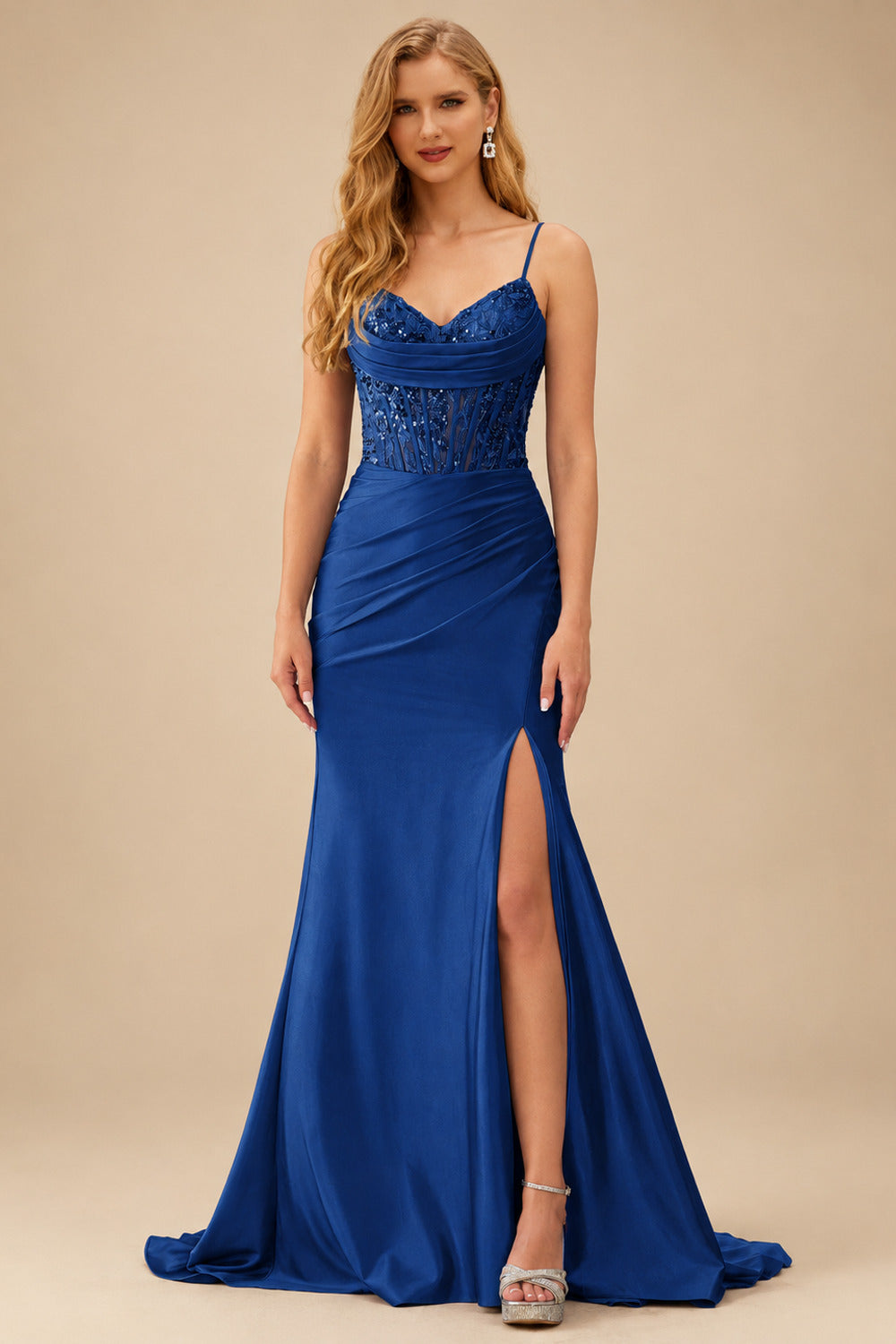 Rutipo Navy Blue Mermaid Cowl V Neck Beaded Corset Prom Dress with Spaghetti Straps Slit