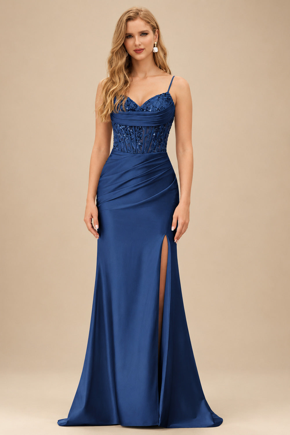 Rutipo Navy Blue Mermaid Cowl V Neck Beaded Corset Prom Dress with Spaghetti Straps Slit