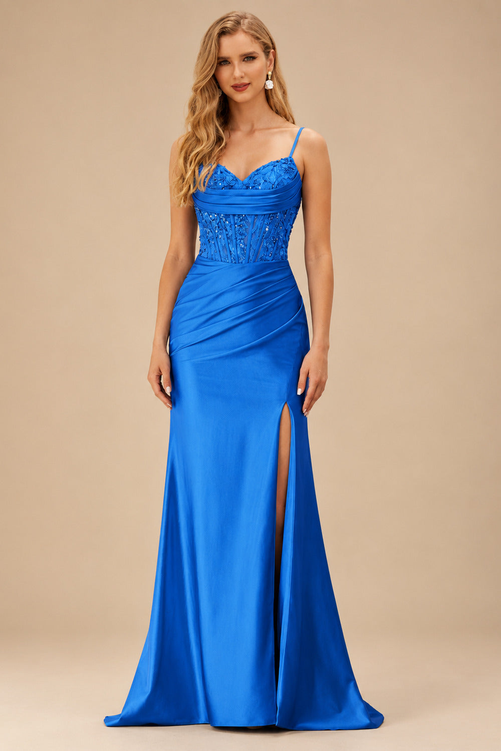 Rutipo Ocean Blue Mermaid Cowl V Neck Beaded Corset Prom Dress with Spaghetti Straps Slit